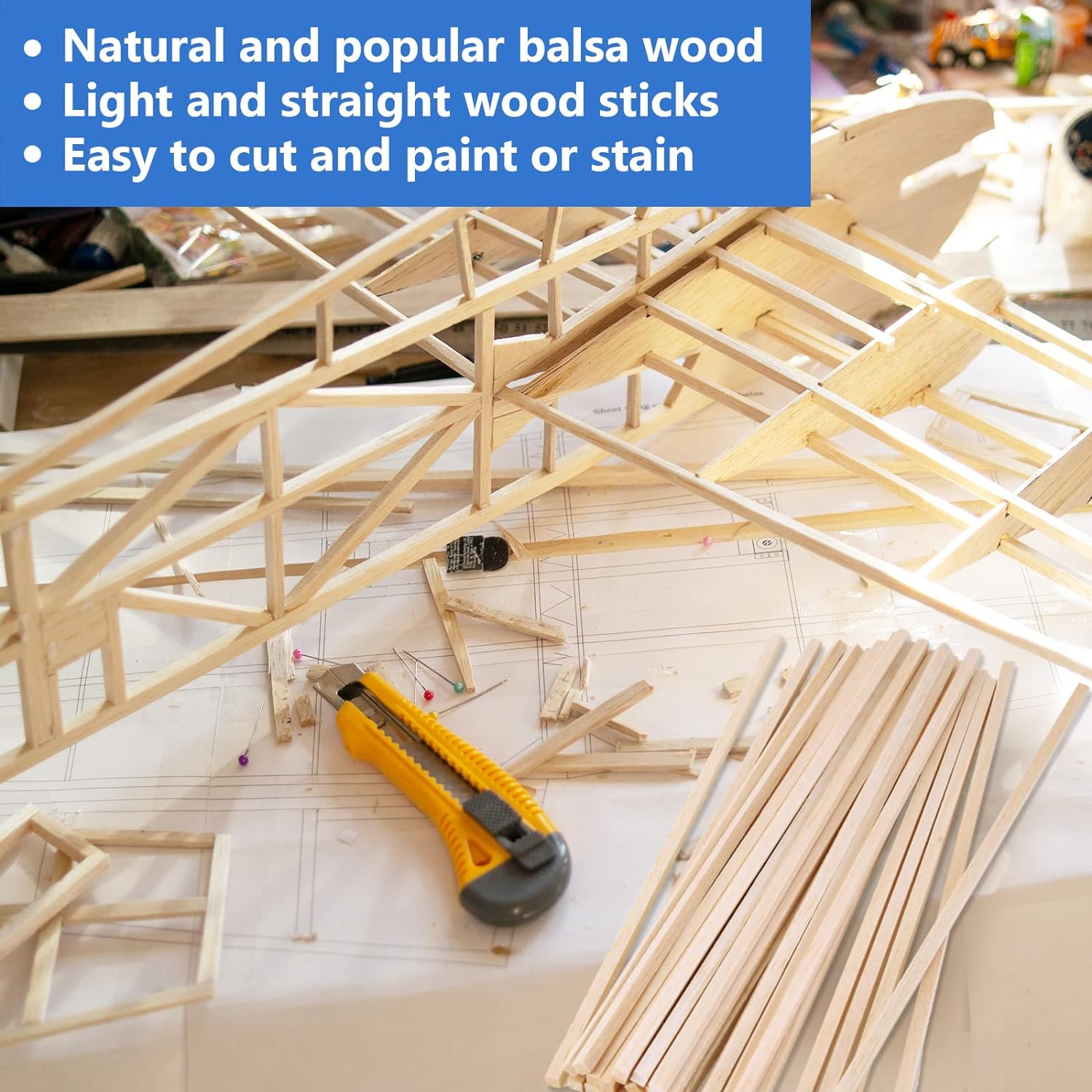 120 Pieces Balsa Wood Sticks 1/8 X 1/8 X 12 Inch Wood Strips Balsa Square Wooden Dowels Hardwood Unfinished Wood Sticks for Crafts DIY Projects Models Making Supplies image number 3