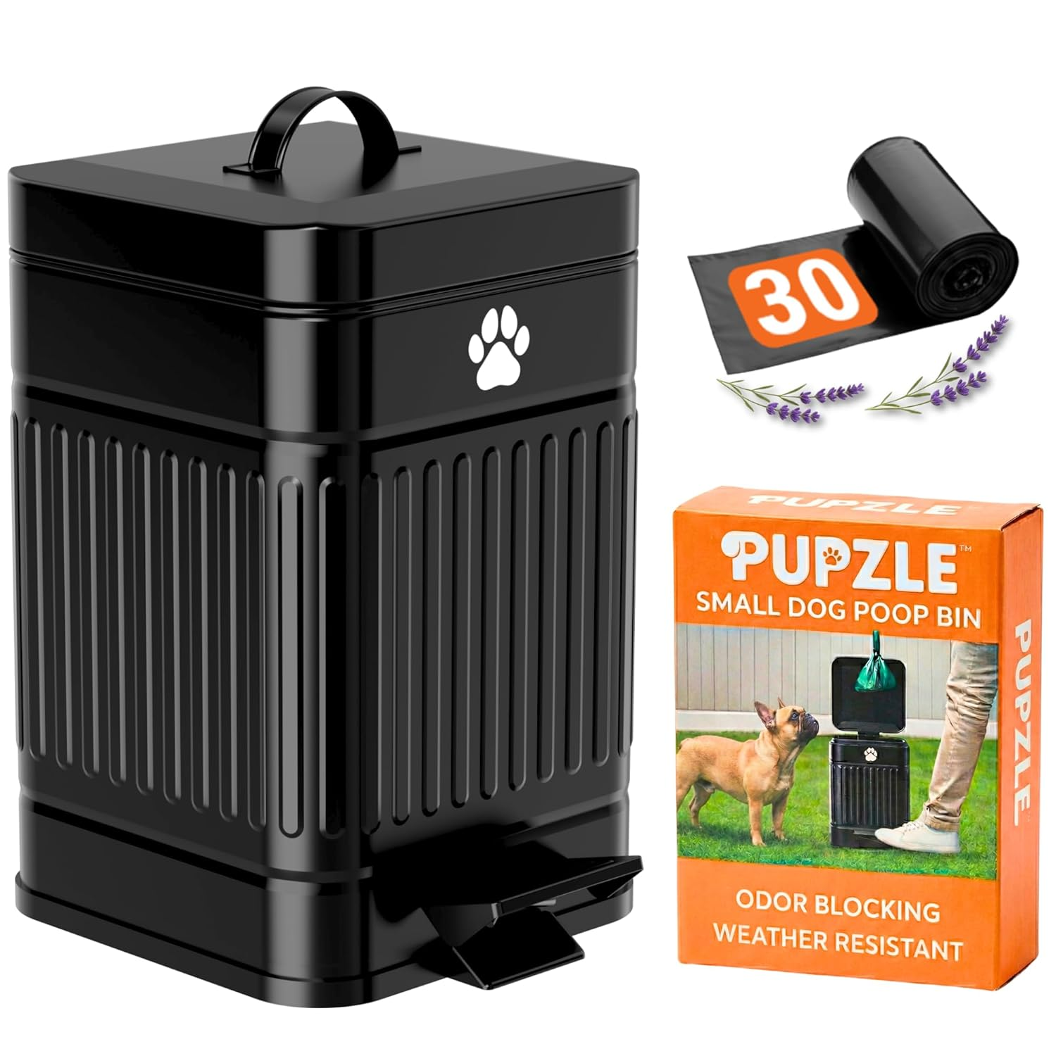 Pupzle Small Dog Poop Trash Can Outside, 1.3 Gal Metal Dog Waste Trash Can, Small Poop Bucket Outdoor with Lid, Poo Container Bin Waterproof Backyard Odor Control, 30 Bags (Black)