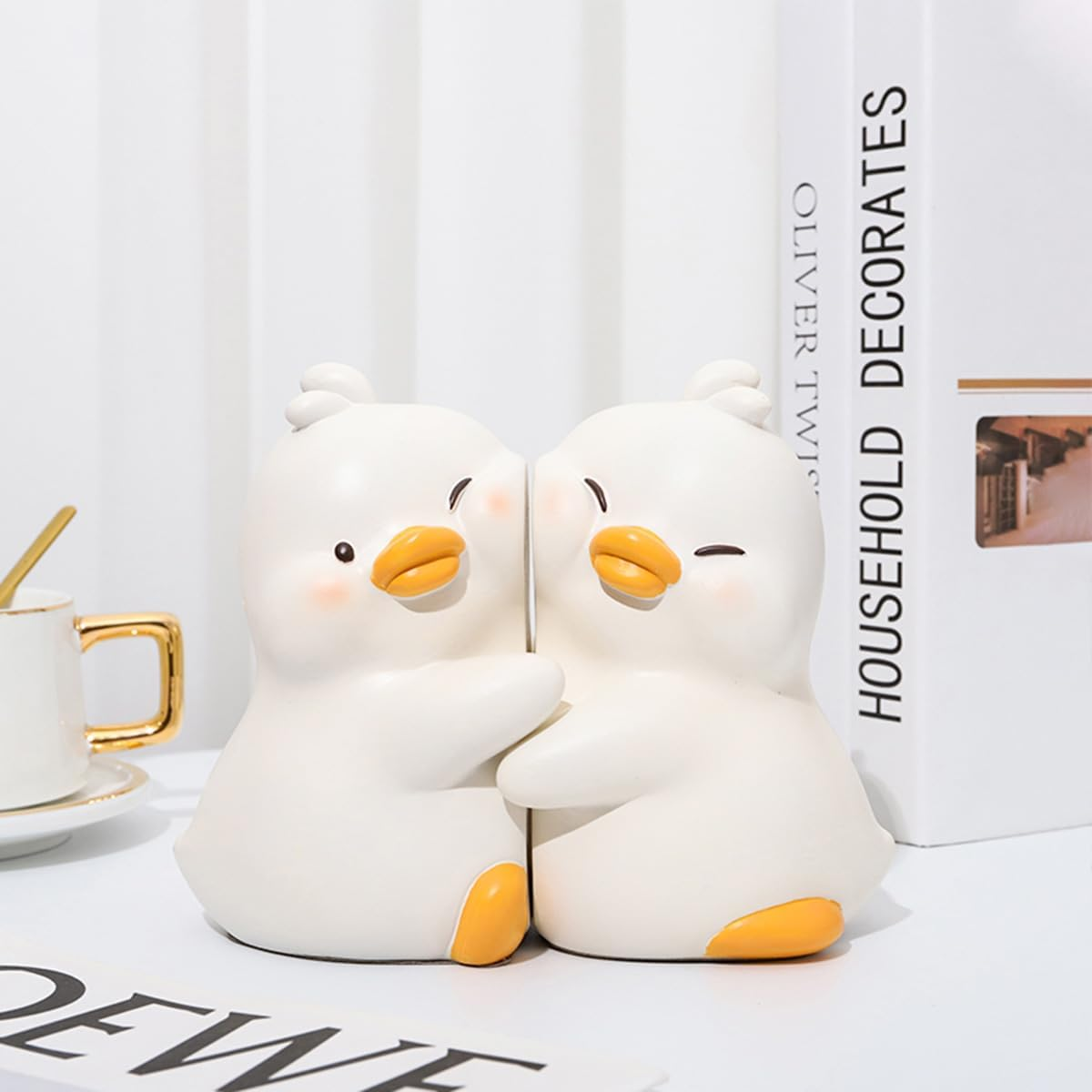 Cute Hug Ducks Decorative Bookends, Unique Book Ends to Hold Books Creative Resin Book Holder Stopper for Home Office Desk Bookshelf Decoration image number 1