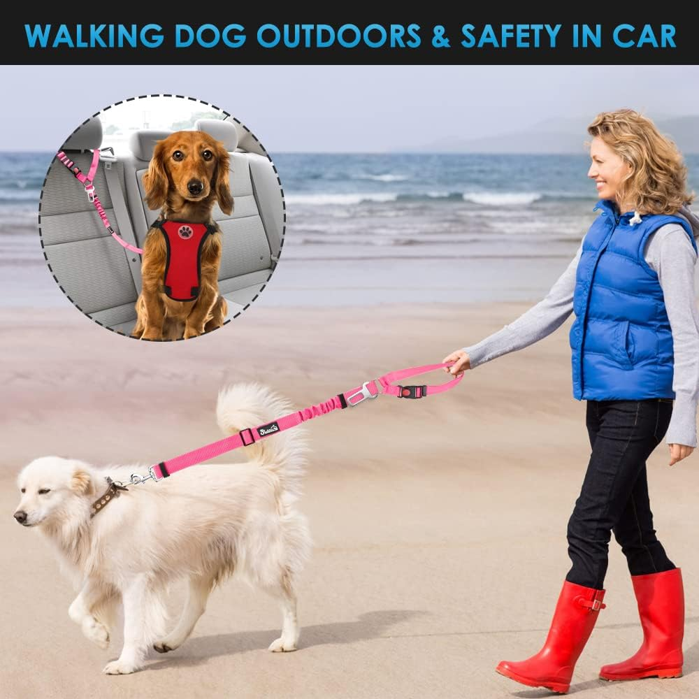 Slowton Dog Car Seat Belt, 2 Pack Headrest Restraint Seatbelt with Bowl, Adjustable Pet Safety Leads with Reflective Elastic for Dog Travel Daily Use (Fluorescent Pink, 2 Headrest + Clip + 1 Bowl)