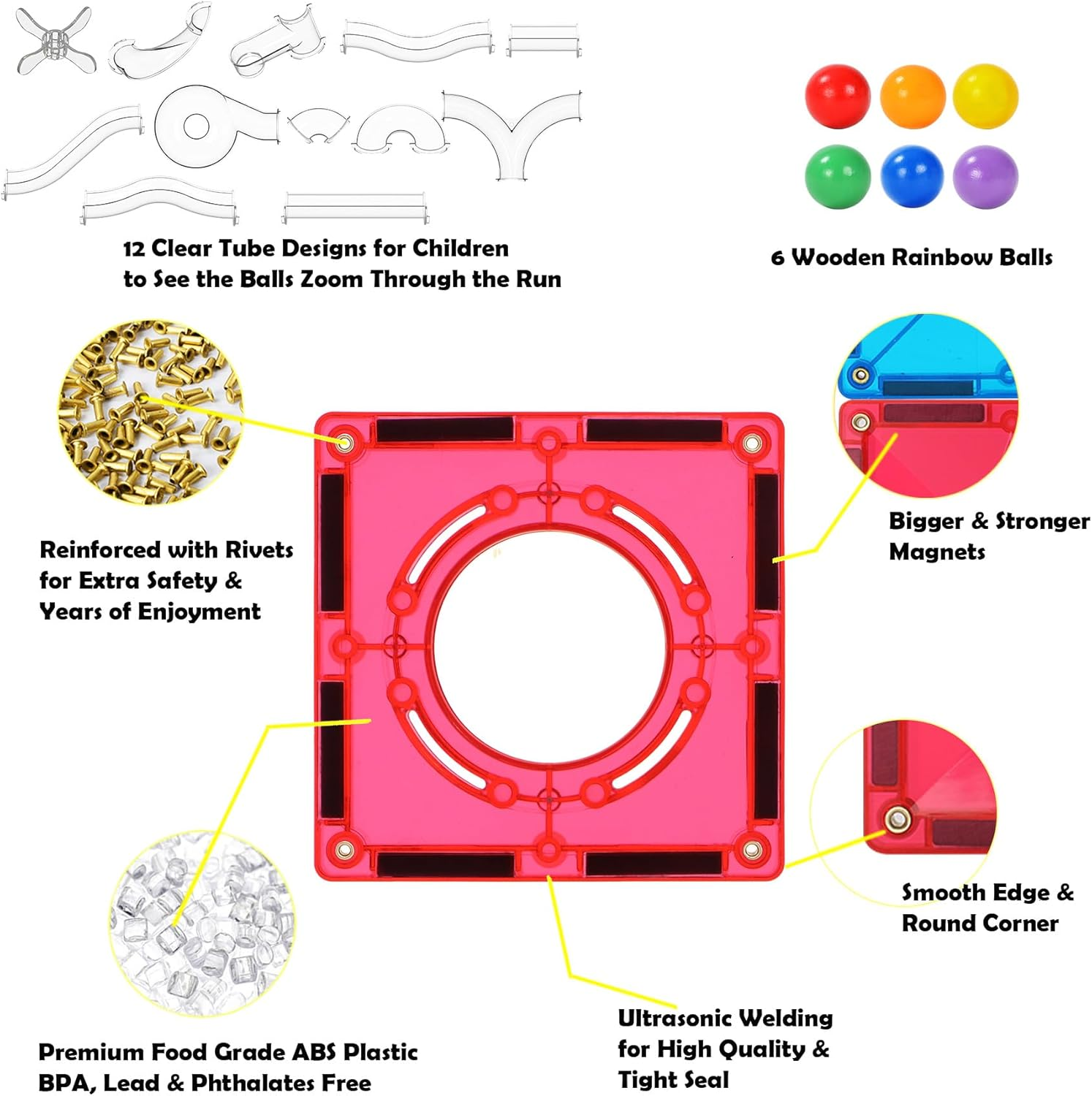 STEAM STUDIO Magnetic Tiles Marble Run 100Pcs, Rivet Secured Magnetic Tiles Connector with Clear Tubes, Building & Construction Toys for Open-Ended Play image number 1
