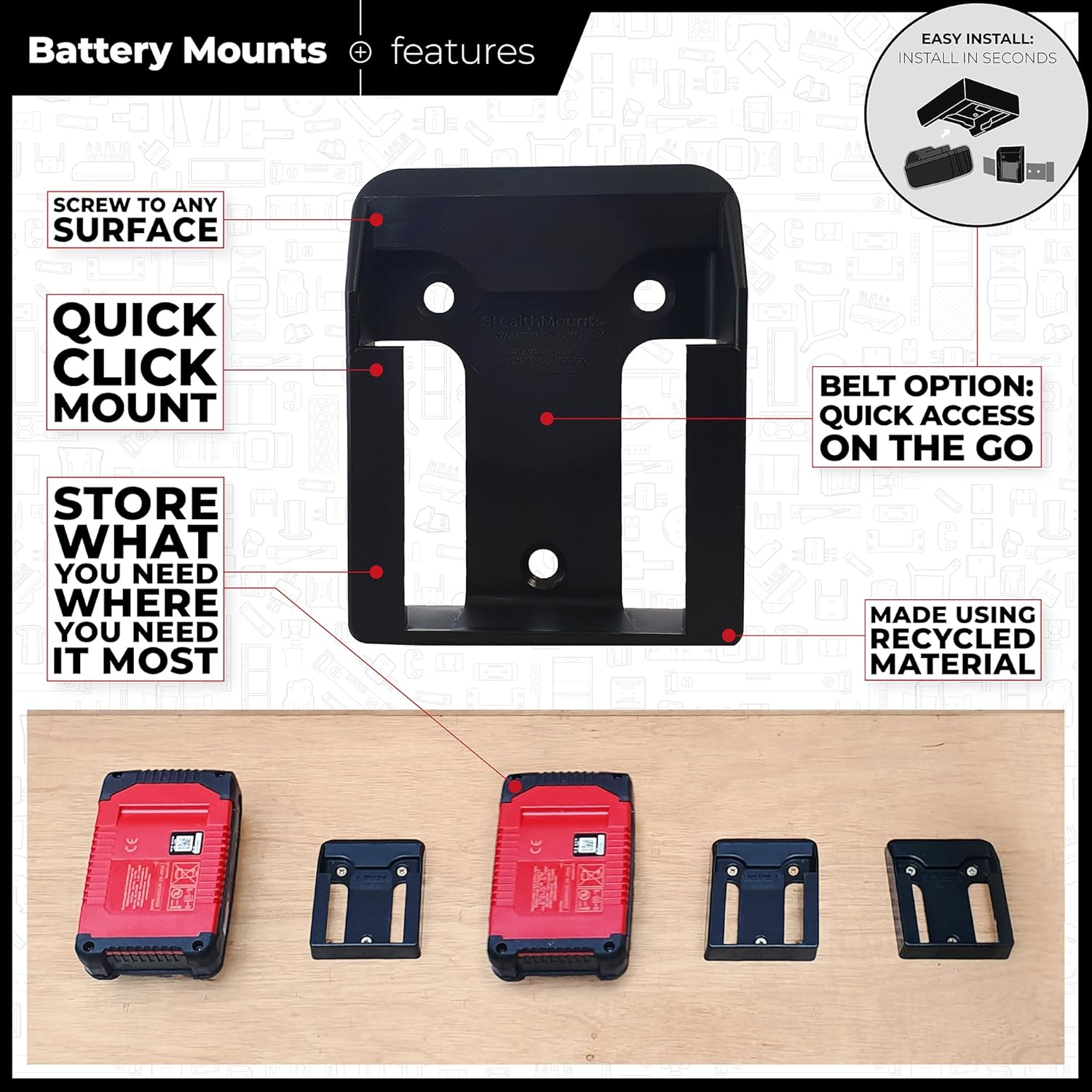 Stealthmounts Battery Holder for Einhell 18 V, Wireless Battery Holder for Einhell 18 V Power Tools, Pack of 6, Black Battery Organiser for Einhell 18 V