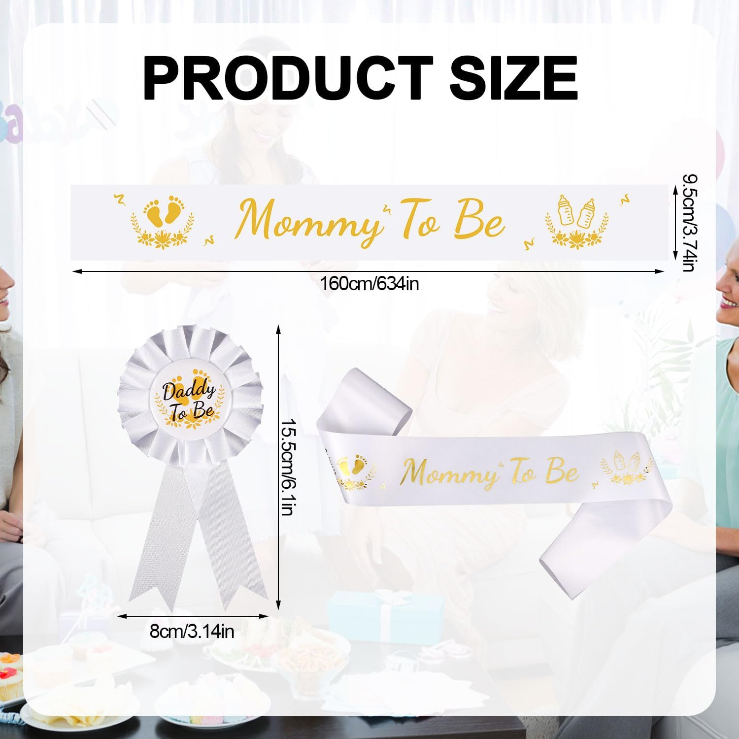 Mommy to Be Sash, with Daddy to Be Badge Gold & White Mom to Be Sash Set Pregnancy Sash Gender Reveals Gift Baby Shower Decorations for Boys Girls image number 3