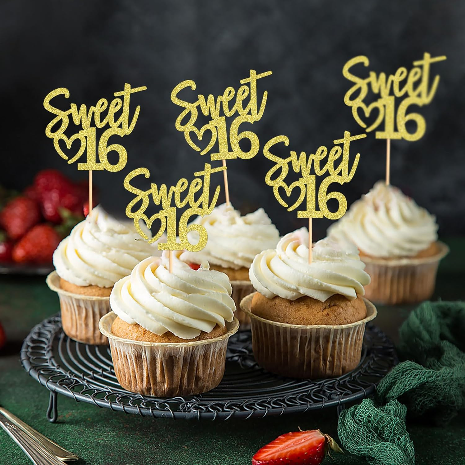 24 Pack Sweet 16 Cupcake Toppers Happy Sweet 16 Sweet Sixteen Birthday Cupcake Picks Happy 16 for 16Th Birthday Adult Men Women Wedding Anniversary Party Cake Decorations Supplies Gold image number 4