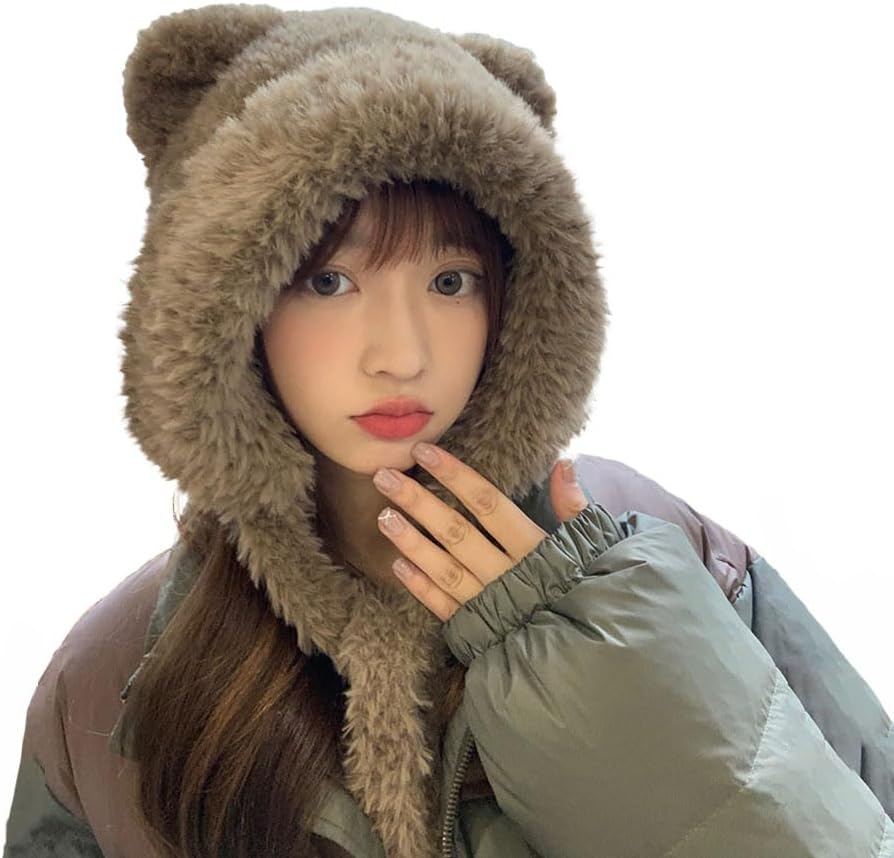 Women Winter Beanie Hats Knit Ear Flaps Cute Stuffed Bear Ears Fleece Lined Fluffy Ski Snow Hat