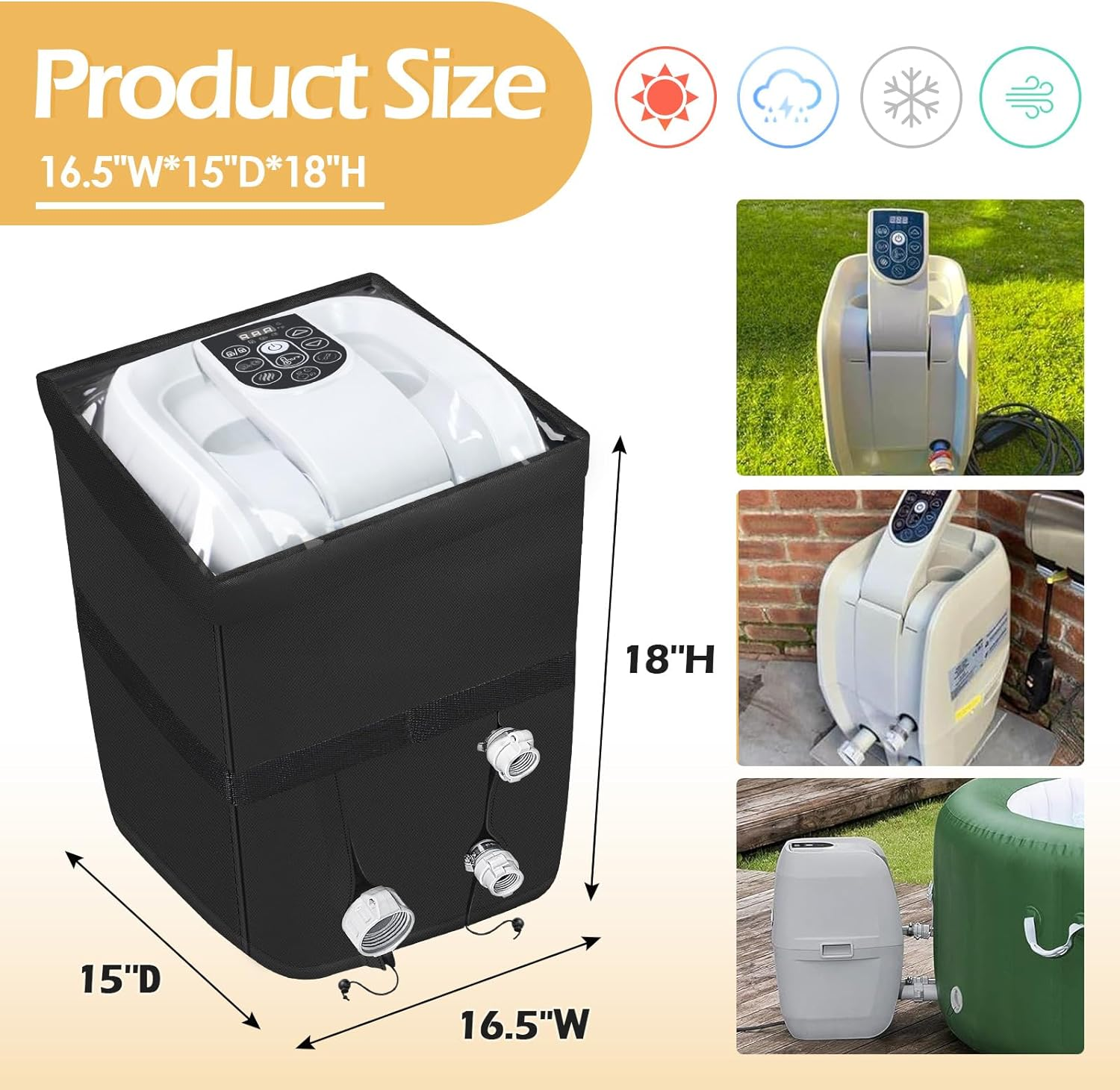 TOHONFOO Heavy Duty Inflatable Hot Tub Pump Cover with Zipper Opening and Transparent PVC Top Window for Multiple Spa Heater Pumps (Black, Cover Only) image number 5