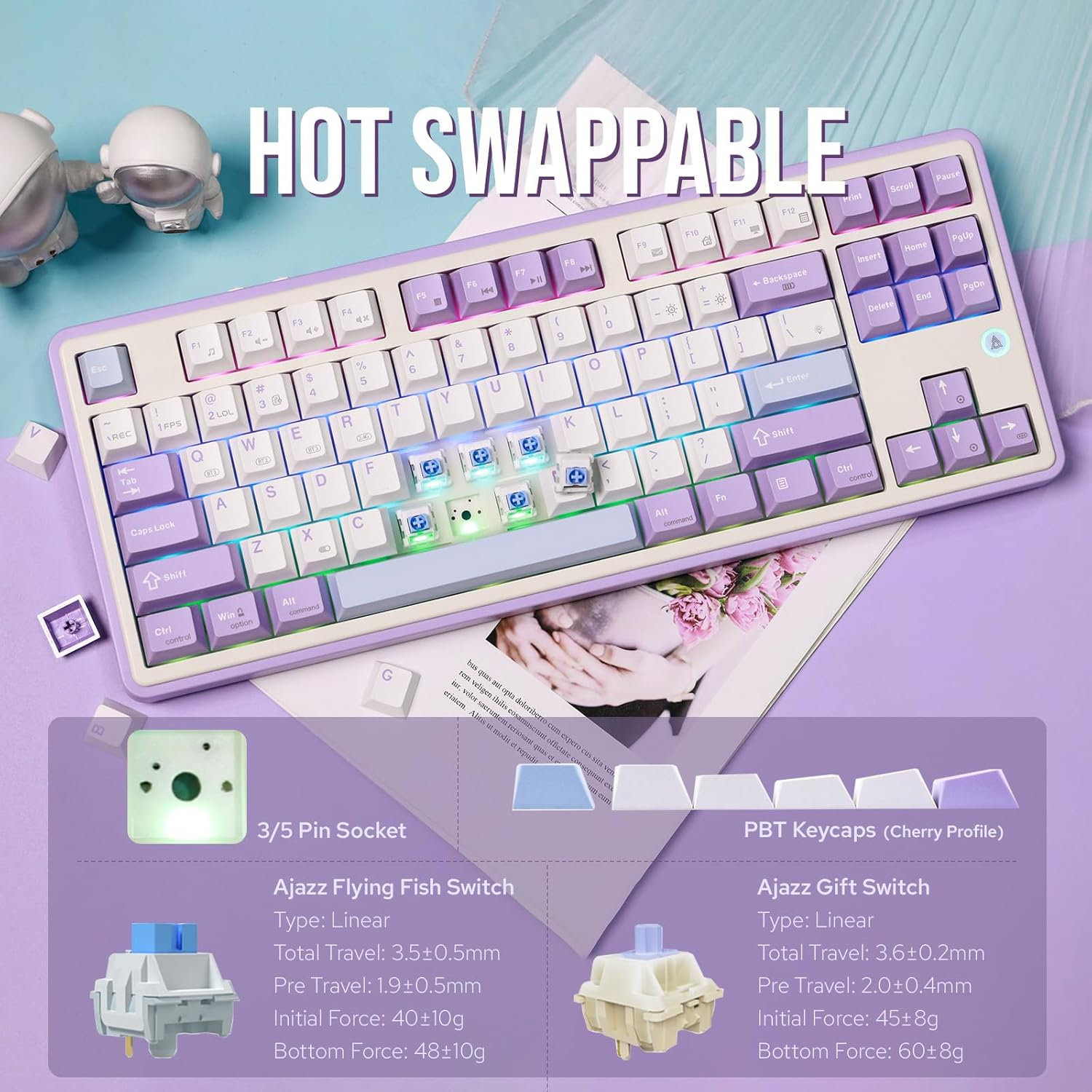 Mechlands Ajazz AK870 Gasket-Mounted Wireless Gaming Keyboard, 87 Keys Compact TKL Bt5.0/2.4Ghz/Usb-C Mechanical Keyboard, with 5-Layer Padding, Flex-Cut PCB for Win/Mac (Purple, Flying Fish Switch) image number 4