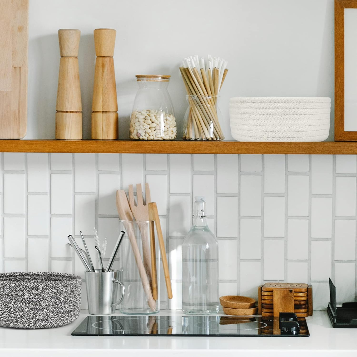 Abenkle 2 Pack Small Baskets, Cotton Rope Woven Basket, Cute Mini Tiny Storage Baskets, Decorative Boho Basket for Nursery Living Room Bedroom Montessori Shelf, Empty Gift Basket - White image number 1