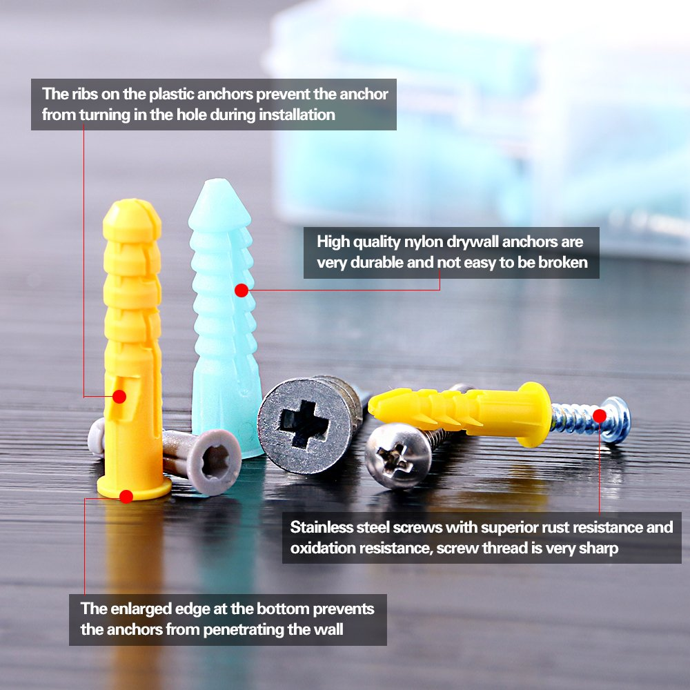 Glarks 220-Pieces Plastic Self Drilling Drywall Ribbed Anchors Hollow-Wall Anchor with Screws Assortment Kit for Drywall, Hollow-Wall Hanging Wall Shelf or Blinds