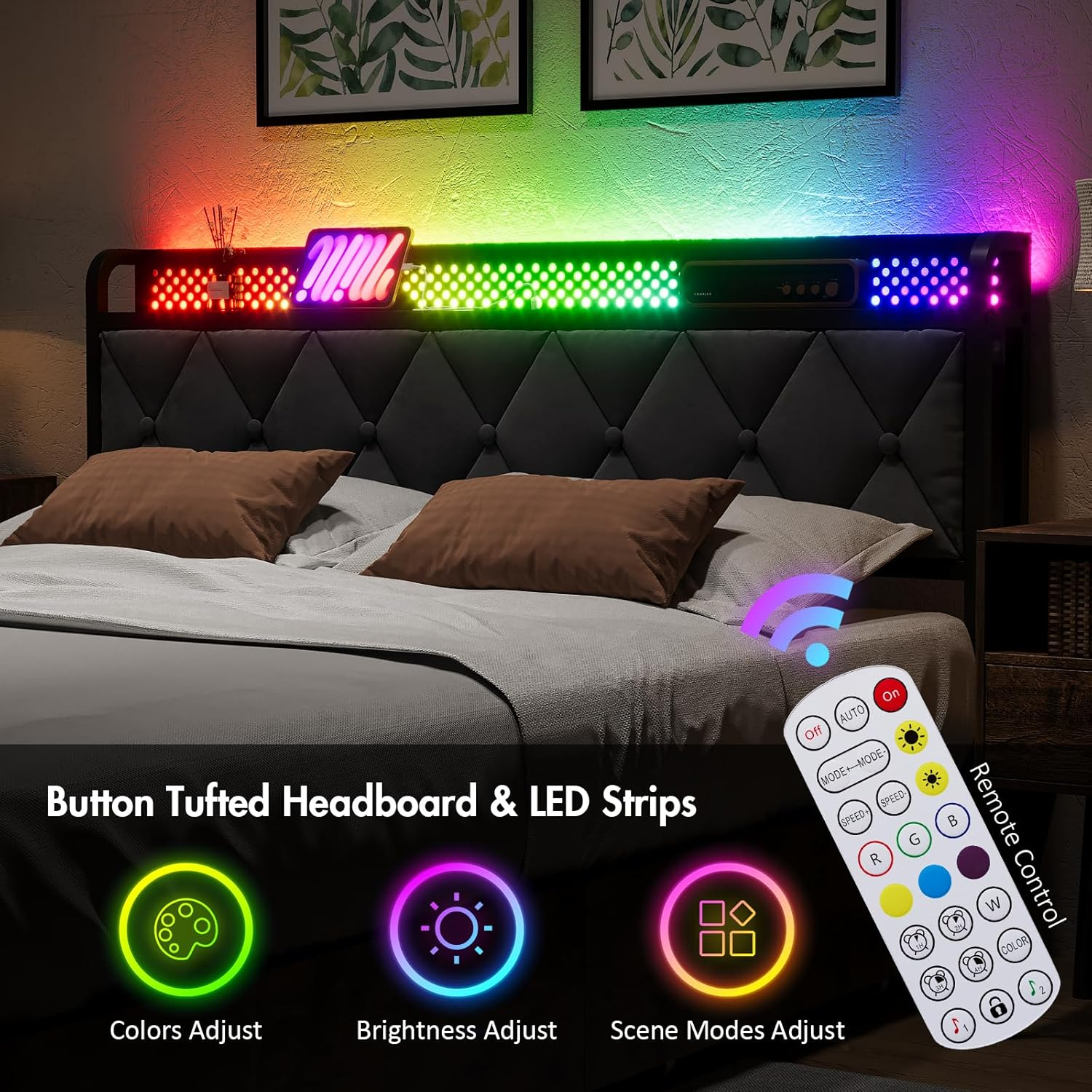 ADVWIN Queen Size Bed Frame, Storage Headboard with Led & Charging Station, Industrial Upholstered Platform Bed with Metal Mattress Base Support, No Box Spring Needed, Rustic Brown & Gray (Queen) image number 5