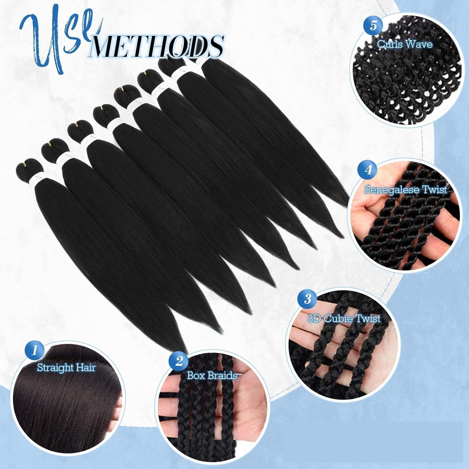 Pre Stretched Hair Extensions for Braids 26Inch Pack of 8 Pre-Stretched Braiding Hair Extensions Texture Synthetic Hair Extensions Braiding Hair Extensions (Black, 20Inch) image number 5