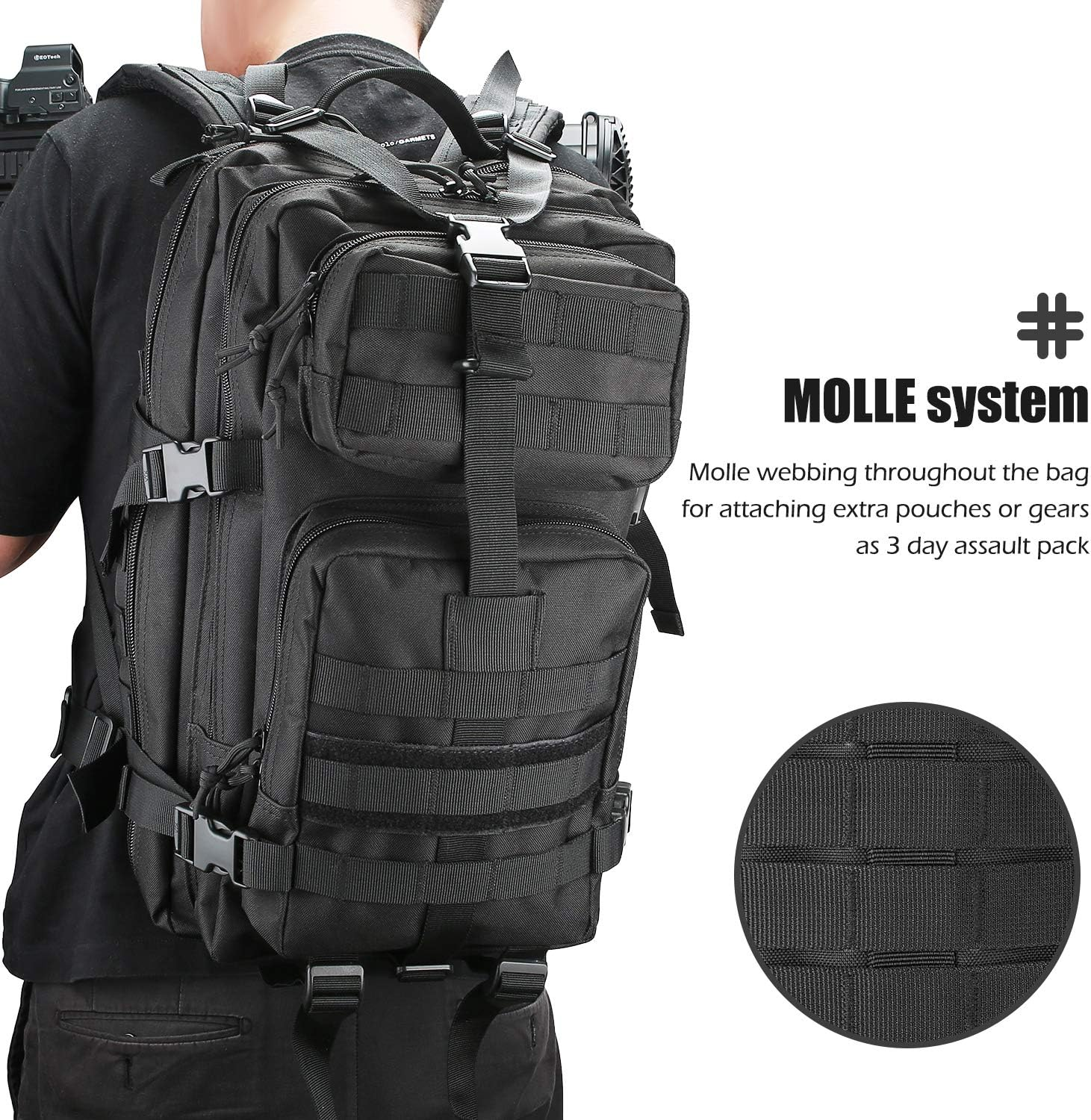 Procase Military Tactical Backpack, 35L Large Capacity Rucksacks 2 Day Army Assault Pack Go Bag for Hunting, Trekking, Camping and Other Outdoor Activities -Black image number 5