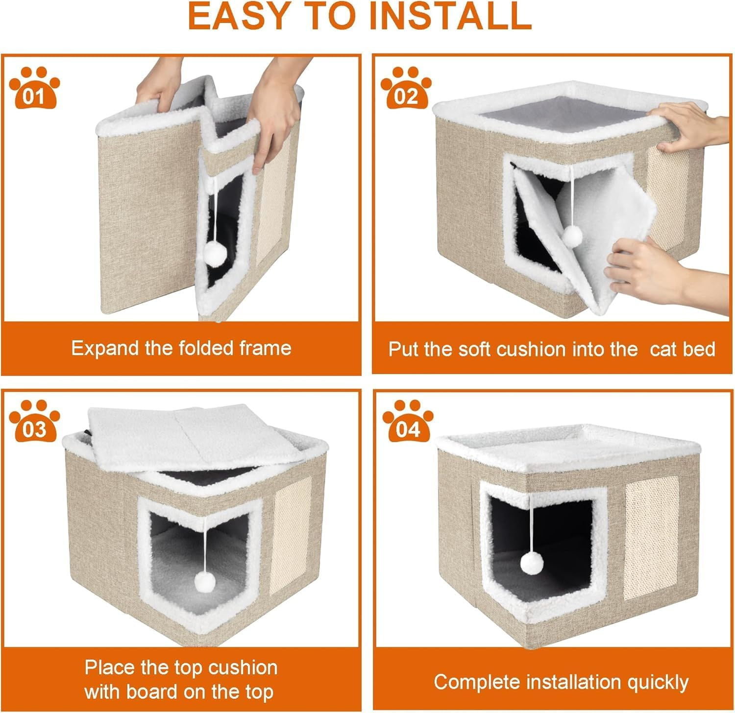 Cat Houses for Indoor Cats - Large Cat Bed Cave with Scratching Pad and Fluffy Ball, Foldable Cat Condo Hideaway with Reversible Cushion for Multiple Small Pets, Khaki image number 5