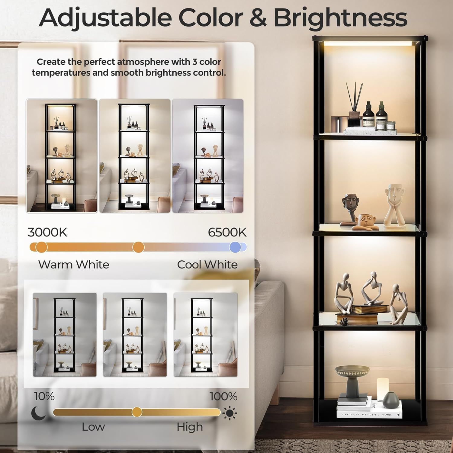 Display Shelf with Light, 5-Tier Tall Display Shelf with Dimmable LED Floor Lamp, 169Cm Floor Lamp with Shelves, Glass Display Shelves for Bedroom Decor image number 4