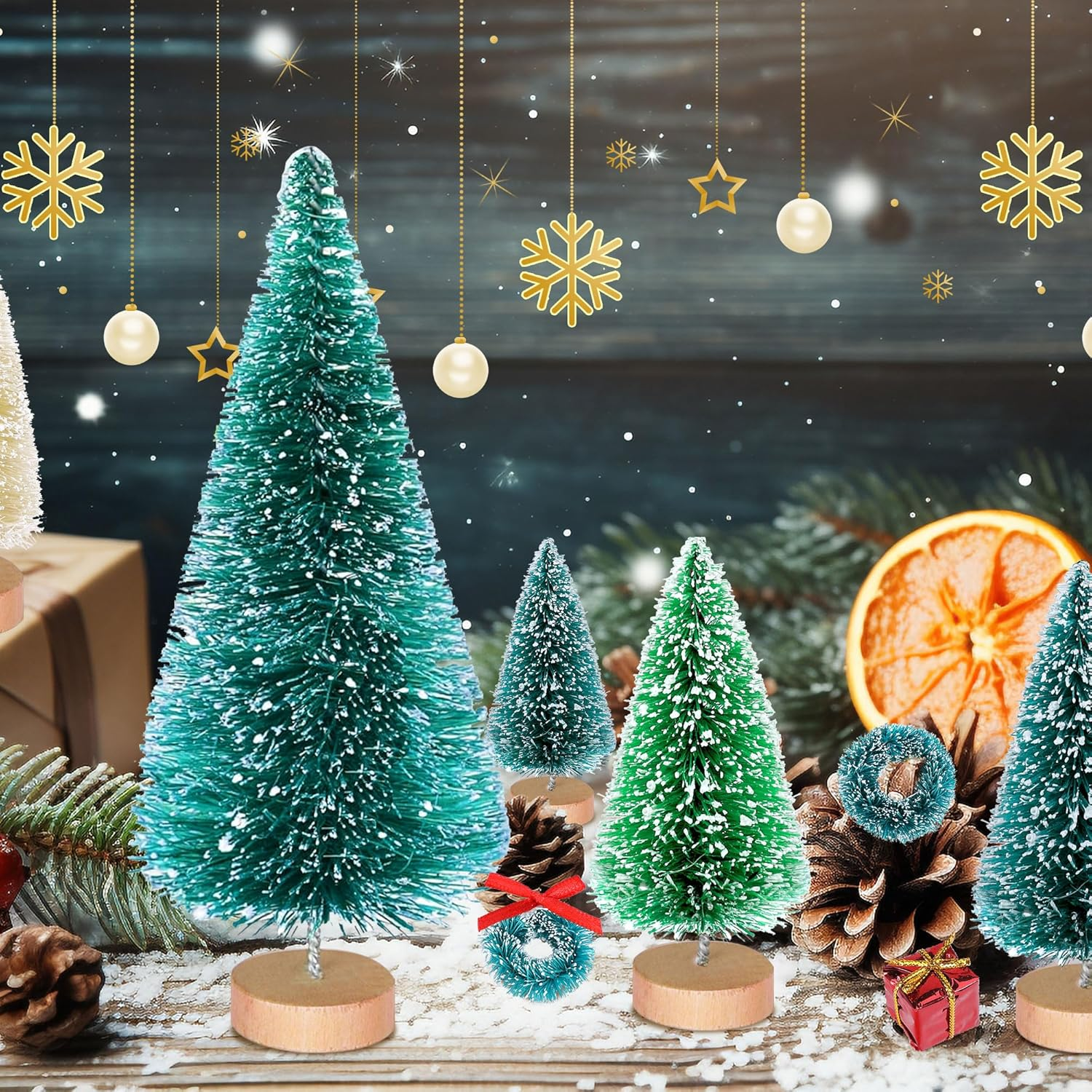 Iceyyyy 56 Pcs Artificial Mini Christmas Trees Set - Miniature Sisal Frosted Christmas Trees Bottle Brush Trees for DIY Crafts Home Table Top Decor image number 3