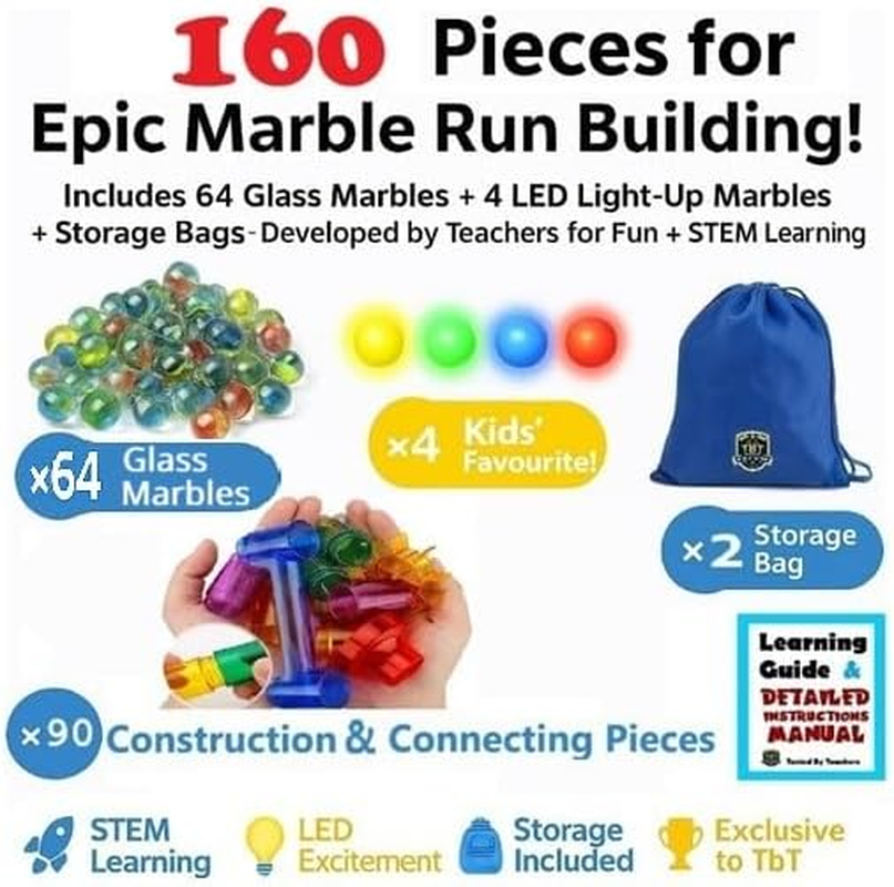 Marble Run Set with LED Flashing Marbles &ndash; 160Pc STEM Marble Maze Toy for Kids 5+ &ndash; Fun, Creative Educational Engineering Gift for Boys & Girls &ndash; Includes Glass Marbles, Storage & Guide &ndash; by Teachers image number 4