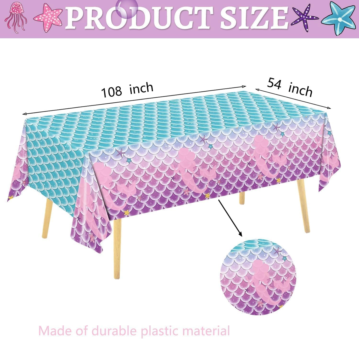 Mermaid Birthday Party Decorations Set Mermaid Reusable Party Supplies Includes Plates, Fork, Cup, Tablecloth, Banner for Ocean Birthday Party Decorations, Serves 24 image number 5