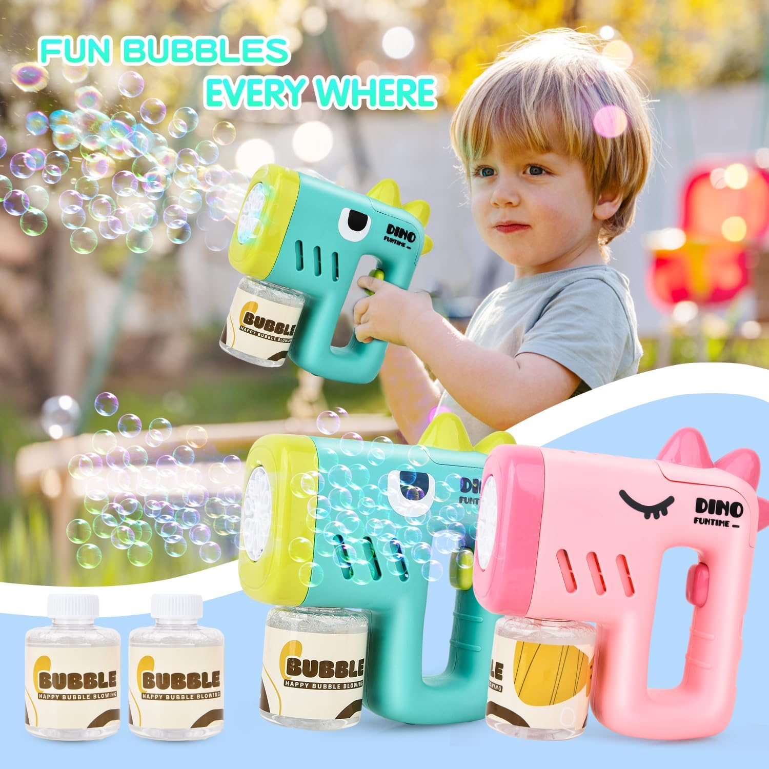 2 Pack Bubble Gun Machine for Kids, Automatic 10 Hole Light up Bubble Blower with 4 Refill Solution, Bubble Guns Blaster for Toddlers, Outdoor Toys Gifts, Wedding, Christmas Party Favor image number 2