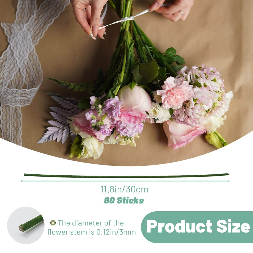80Pcs Floral Wire, 30Cm/11.8In Length 3Mm/0.12In Diameter Stems, 18 Gauge Flower Wrapped with Paper for Artificial Flowers, Wreath, Bouquet (Green)