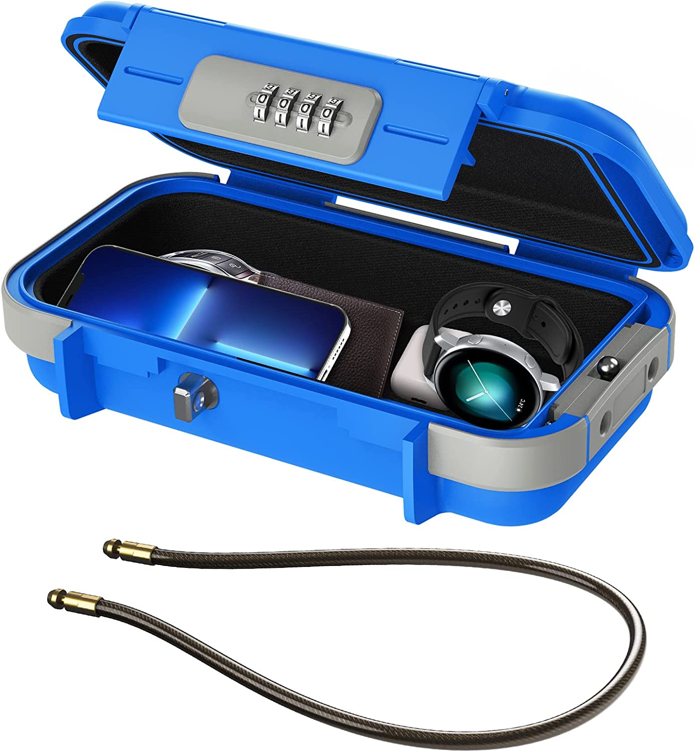 ORIA Portable Safe Box, Security Lock Box, Safe Lock Case with 4-Digit Code, Removable Wire Rope, Waterproof Key Lock Box for Passport, Credit Card, Phone, for Travel, Home, Office, Hotel, Beach -Blue image number 1