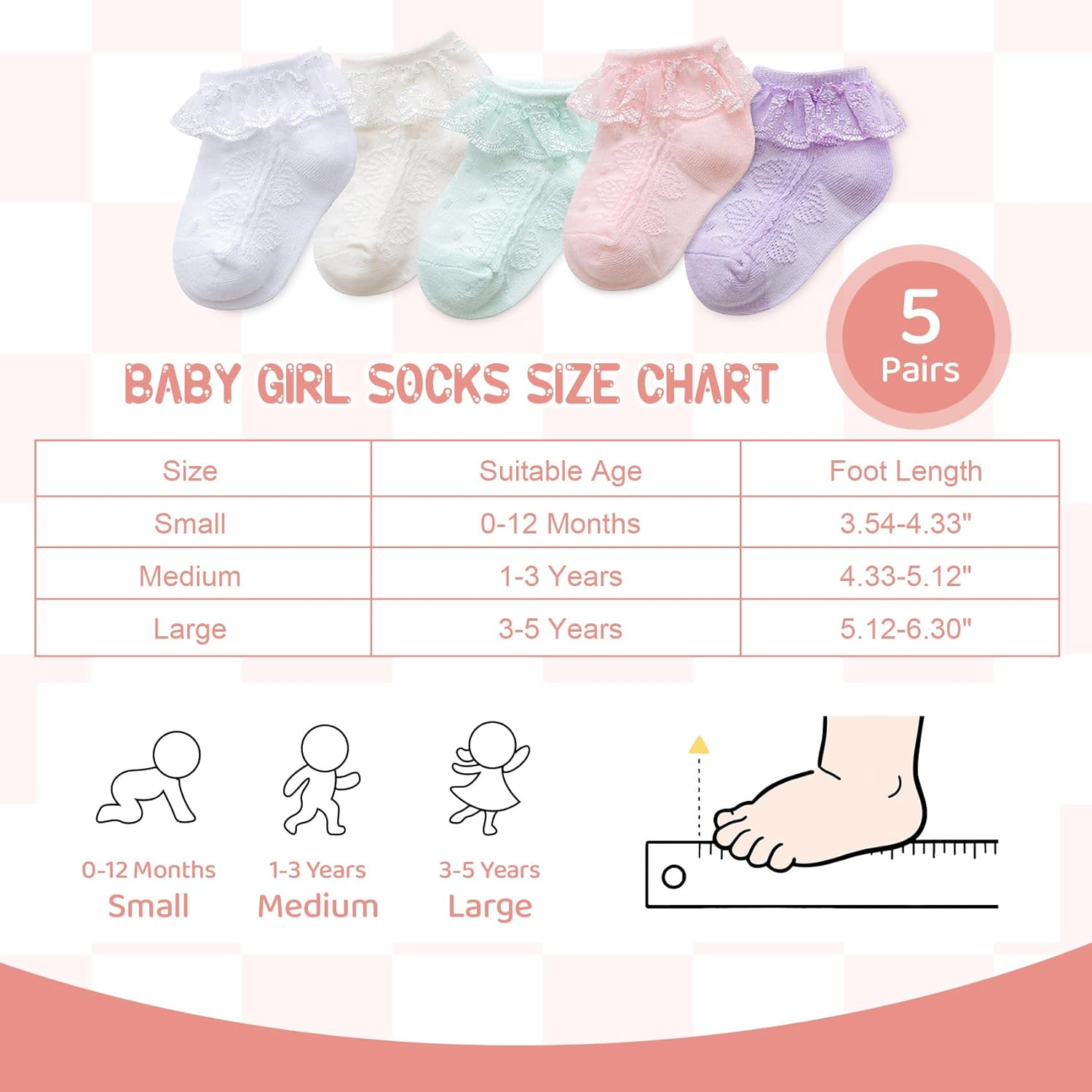Durio Baby Socks Girls Ruffle Socks Soft Toddler Girl Socks Cute Frilly Dress Lace Socks for Toddler Girls image number 7