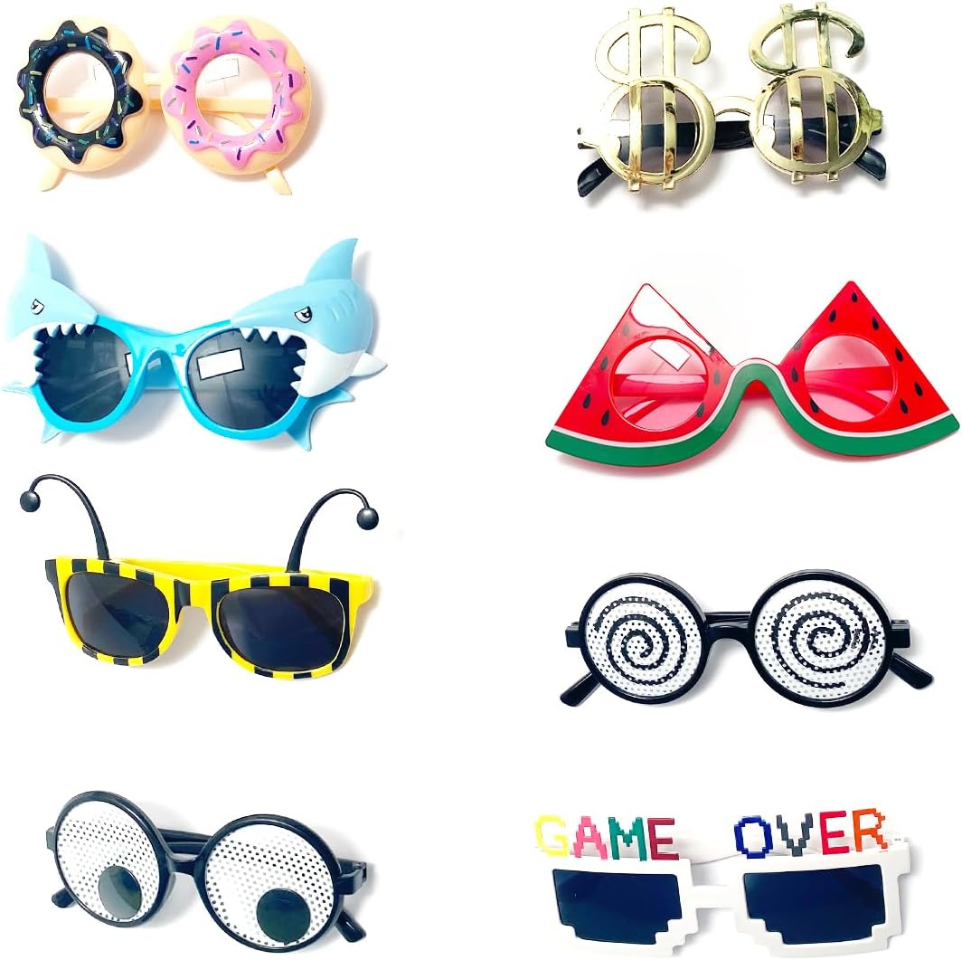 8 Pairs Funny Party Glasses Fancy Party Supplies Decoration Shark/Watermelon/Donuts/Dollars Funny Glasses, Novelty Party Bag Filler Fancy Dress Favors Creative Summer Beach Party Photo Booth Props image number 5