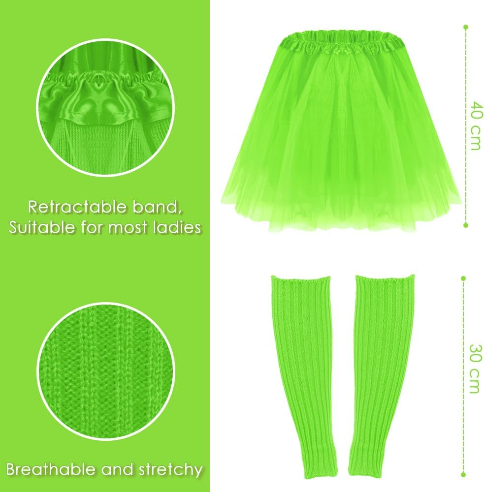 AUTOWT 80S Costumes for Women, 6 Packs 80S Accessories Set with Fishnet Gloves Earrings Necklaces Leg Warmers, Tutu Skirts for 1980S Theme Party Outfits - Black image number 2