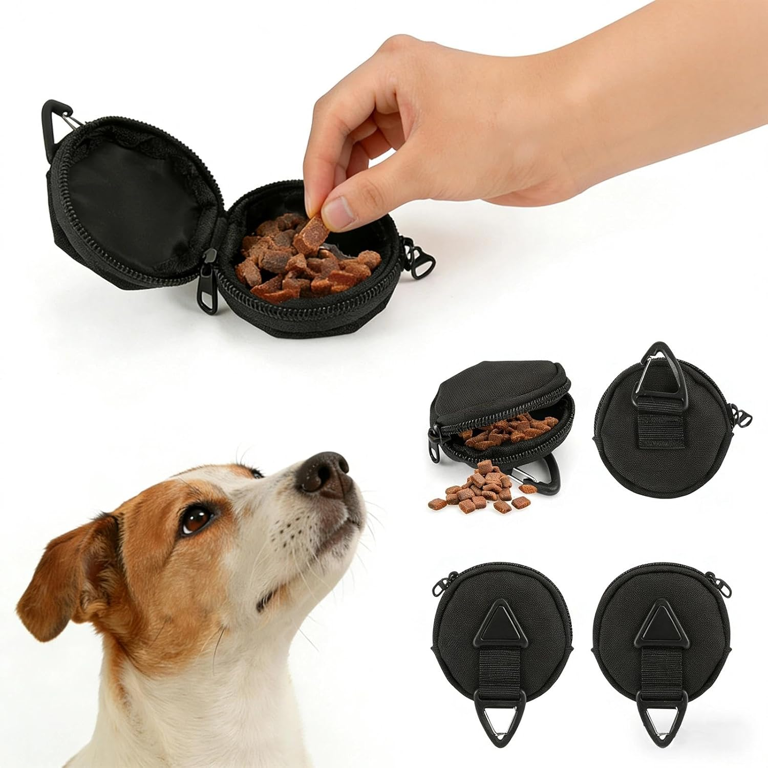 DEANKEJI Pack of 4 Dog Training Small Snack Bag Dog Oxford Cloth Dog Food Bag Black Dog Treat Bag with Triangular Hanging Eyelet for Carrying Dog Treats image number 6