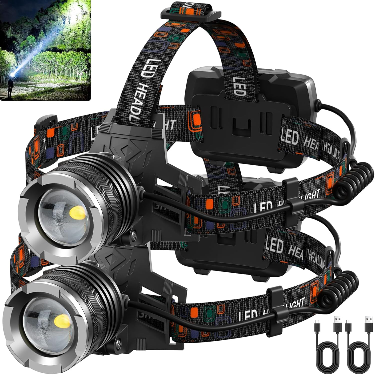 LED Rechargeable Headlamp, 900000 Lumens Super Bright Head Lamp with 5 Modes, 90&deg;Adjustable, USB Rechargeable, Waterproof LED Headlamps for Adults Camping, Hiking, Climbing (2 Pack) image number 4