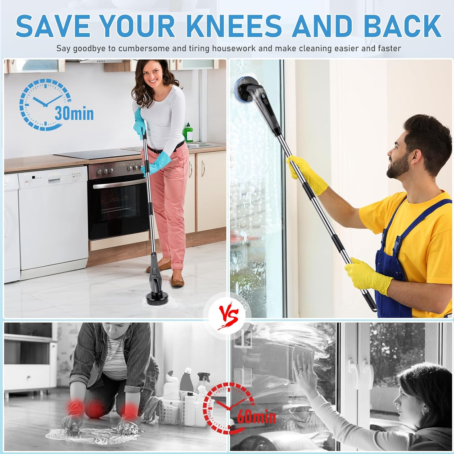 Electric Spin Scrubber, [Battery Level Display] [IPX8 Waterproof] Homtronics 14 in 1 Electric Cleaning Brush with 9 Replacement Heads, Power Scrubber for Bathroom, Kitchen, Floor, Tub, Toilet image number 4