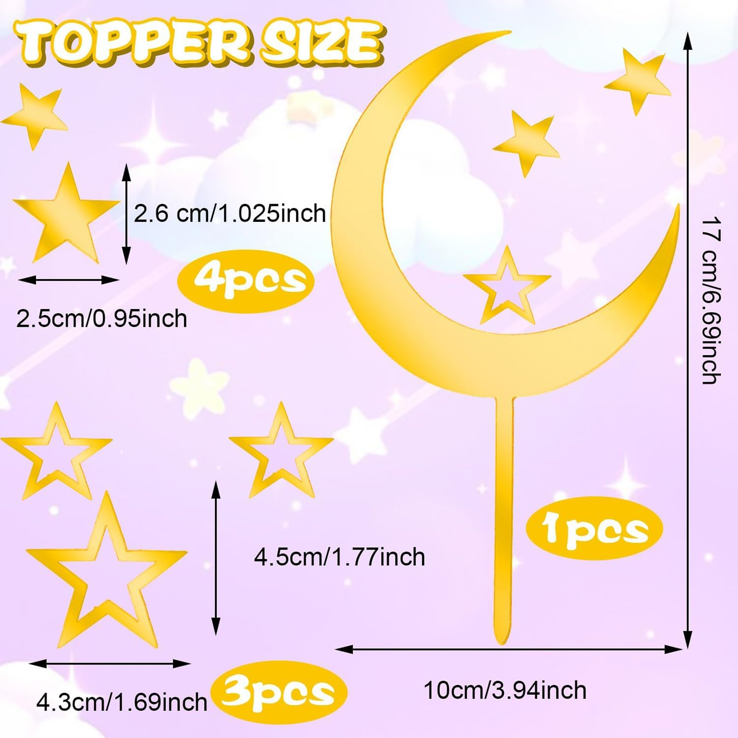 Moon Star Cake Toppers,Acrylic Cake Decorations Twinkle Twinkle Little Star Celestial Cake Charms Mirror Gold for over the Moon Baby Shower Wedding Birthday Party image number 2