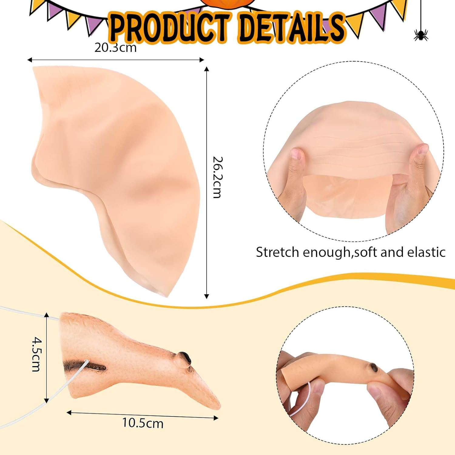 3 Pcs Black Gray Striped Scarf Fake Witch Nose Bald Head Cap for Adults Men Halloween Party Costume Dress Up, Multi, One Size image number 3