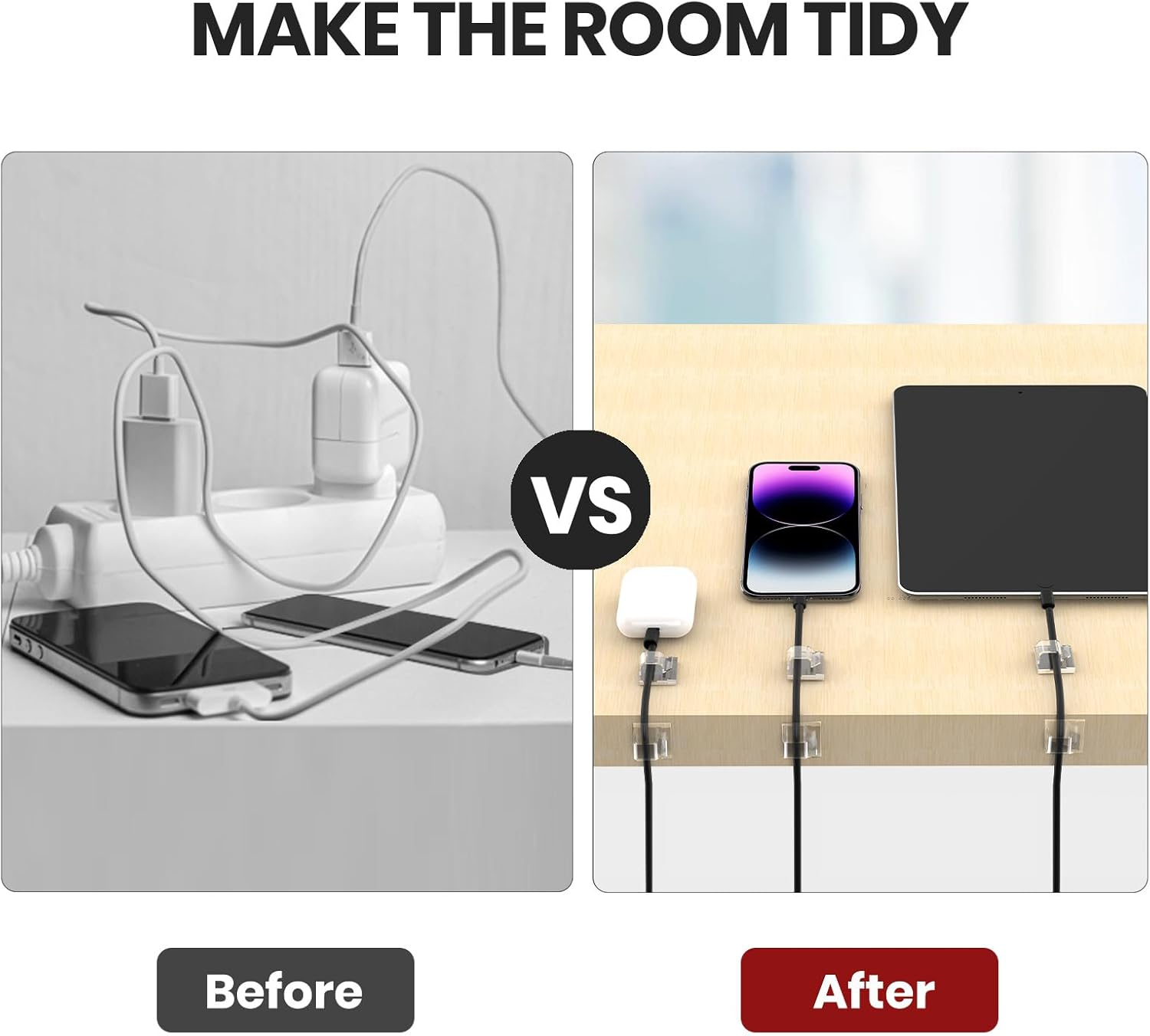 60 PCS Adhesive Cable Clips Clear, Wire Holders for Cords on Wall, Cable Staples Outdoor Wire Organizer Cord Management Strong for Ethernet, HDMI, TV, Desk, LED String Lights, Christmas Lights image number 4