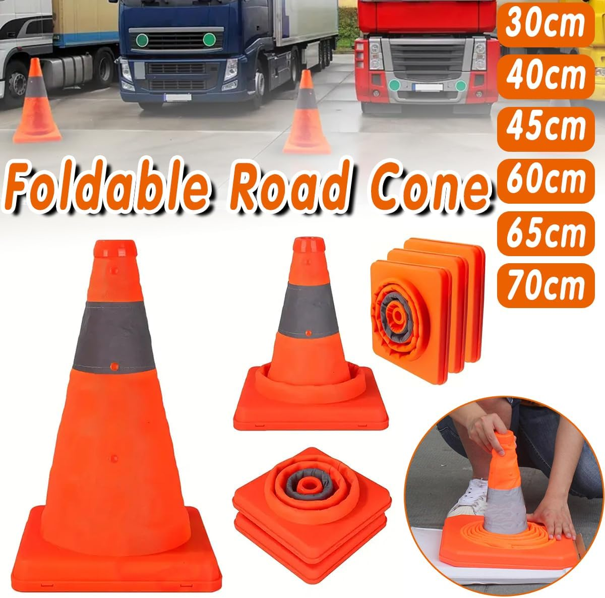 AIMALL 1Pcs Collapsible Traffic Cones, Reflective Road Parking Cones, Sizes 11.8 to 27.5 Inches High Visibility Cones for Driving and Road Safety, Easy Storage and Durable image number 3