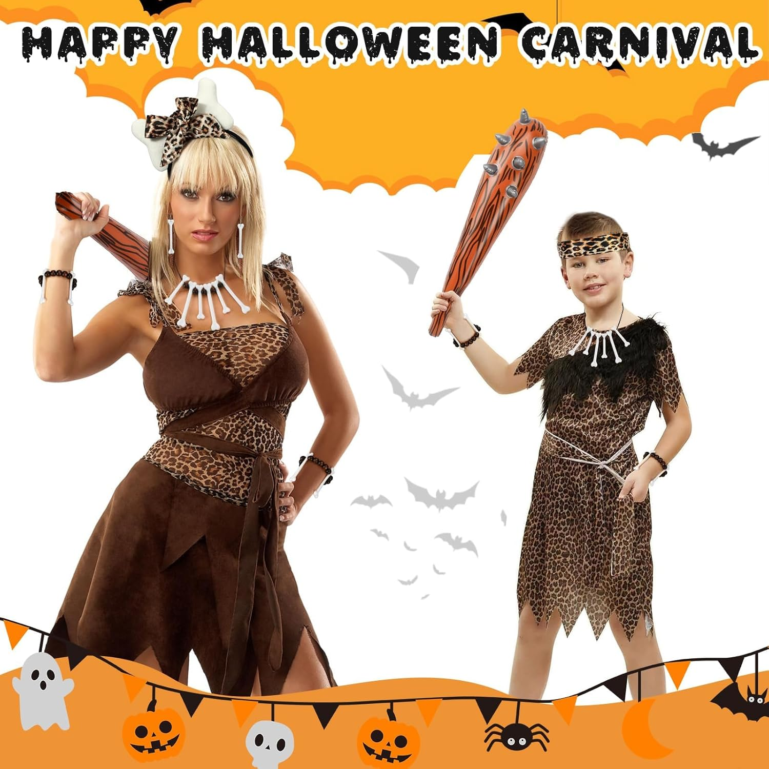 7 Caveman Costume Accessories - Adult & Kids Inflatable Club, Bone Headband, Necklace, Bracelet, Earrings, Leopard Armband - Caveman & Cavewoman Fancy Dress for Halloween & Carnival Party image number 2