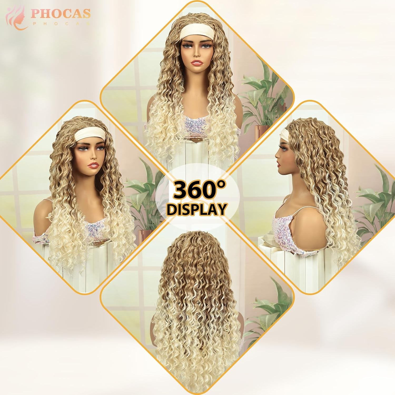 PHOCAS Deep Wave Headband Wig Ombre Blonde Headband Wig Long Curly Synthetic Headband Wig for Women Daily Use 23''/58Cm - A-Platinum Blonde image number 2