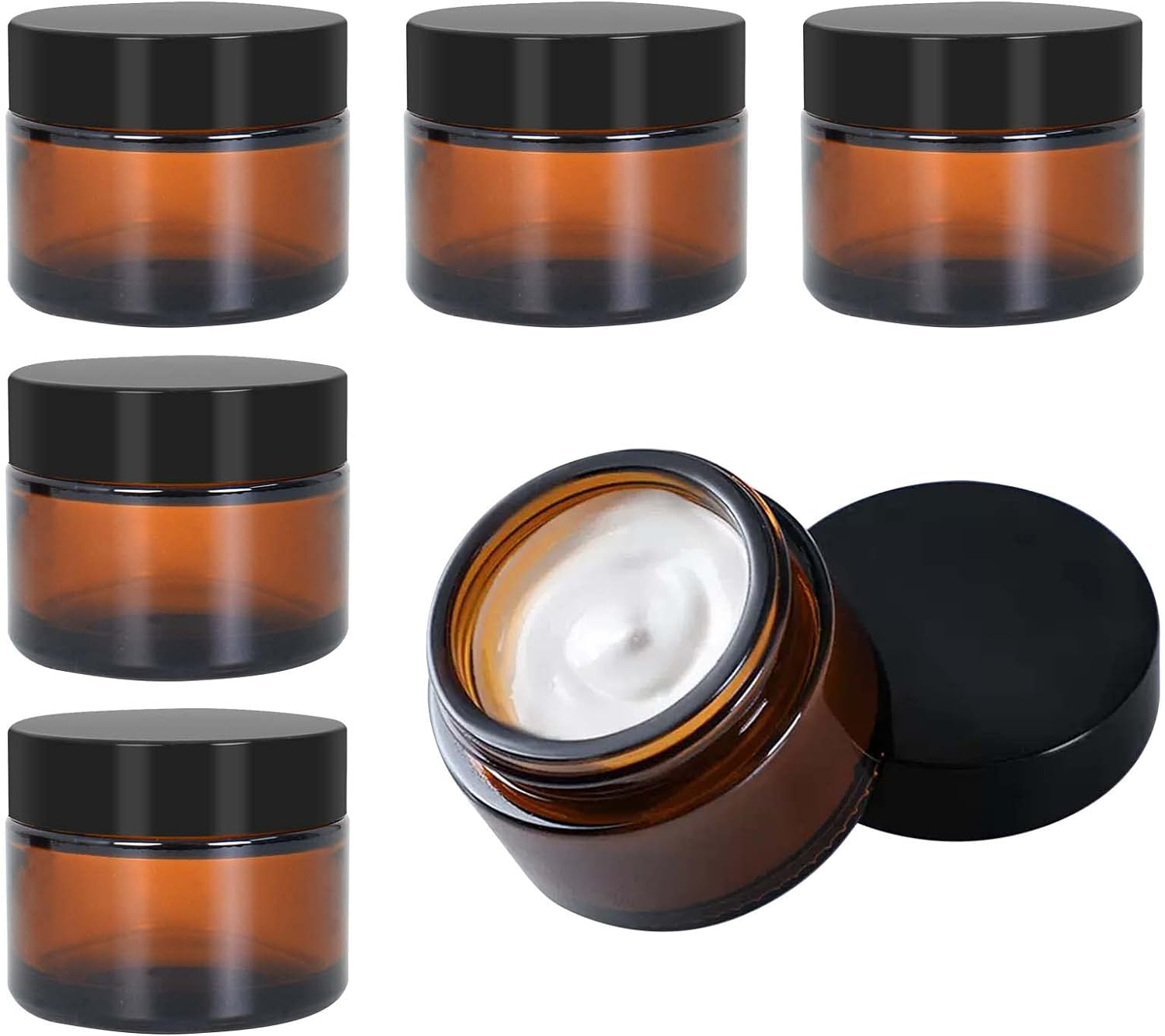 Amber Glass Empty Jar 6 Pack Jars Cream 50Ml Brown Glass Jars Empty Refillable Containers Brown Ointment Jars for Women Girls Cosmetics Creams Lotions Essential Oils Powder (50G) image number 1
