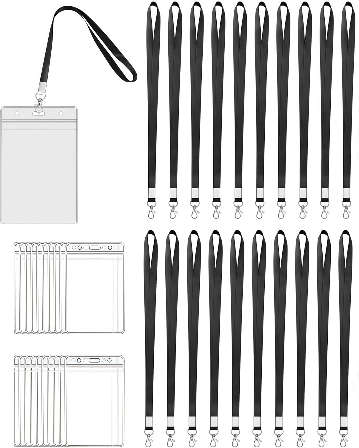 20 Pack Waterproof Clear Plastic Vertical Name Tags Badge ID Card Holders and 20 Pcs Flat Neck Lanyards for Office ID Name Tags（Black Flat Neck Lanyards）