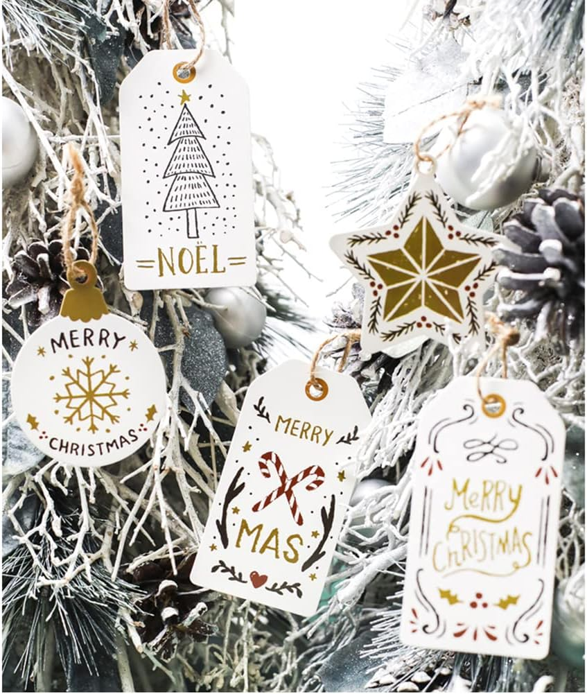 Cute Christmas Tags 60Pcs Set of 12 Designs with Natural Jute Twine Christmas Tree Decoration Holiday Decor Gifts Card Baking Birthday Wedding Paper Tags image number 2