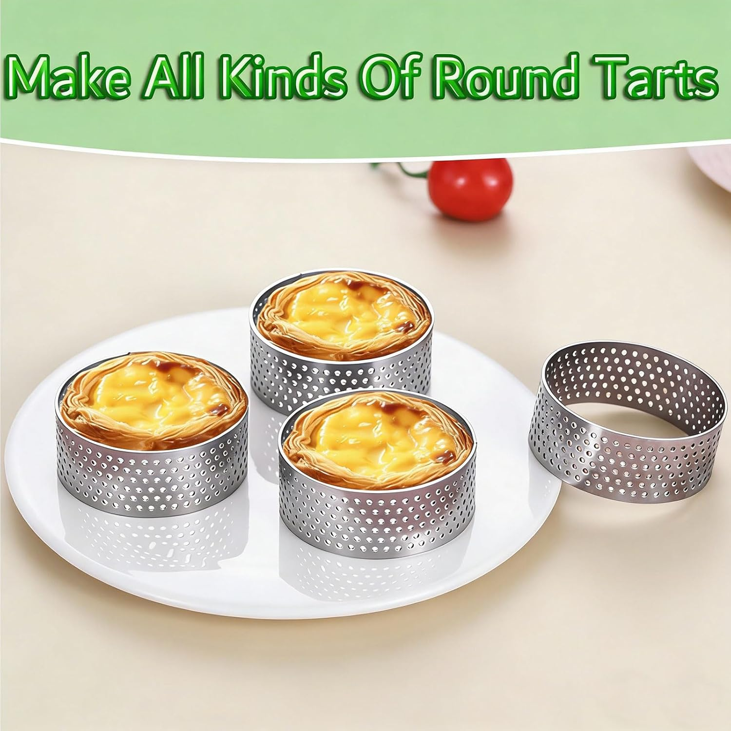 DATANYA 12Pack Tart Rings Perforated Tart Ring, Stainless Steel Cake Rings 2 Inch round Mousse Ring Molds for Baking Cooking Dessert, Small Fruit Tartet Crust 5Cm image number 1