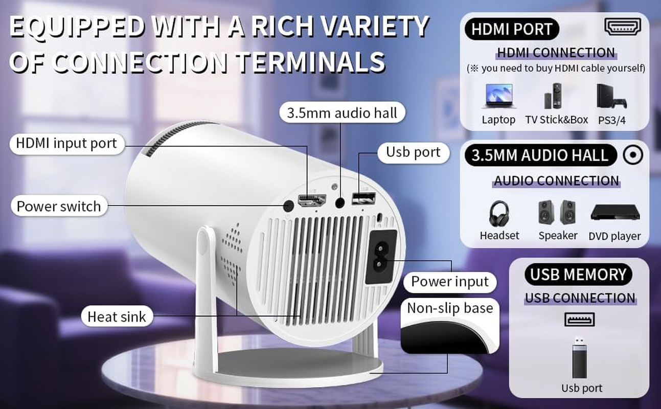 【2025 Upgrade】 TXTIGER Mini Projector Full HD 1080P 4K, Portable Projector with Wifi6 and Bluetooth5.2 Ultra Focus, 210&deg; Rotatable Stand, Auto Keystone, Dust Removal and Heat Dissipation Design image number 6