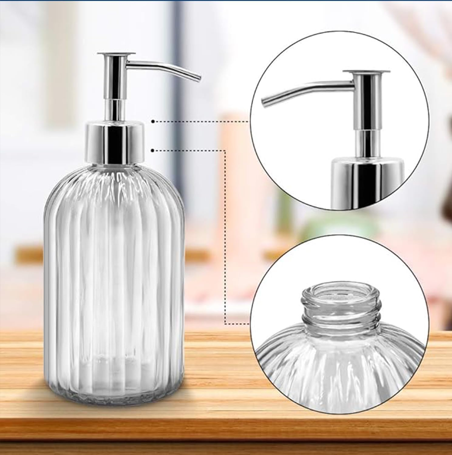 Clear Glass Soap Dispenser (2 Pack 400ML) Refillable Hand Soap Dispenser Vertical - Stripe Bathroom & Kitchen Dispensing Containers (Pink)