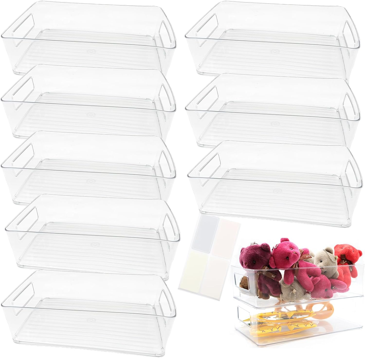 8 Pack Pantry Organization and Food Storage Bin,Stackable Clear Plastic Refrigerator Organizer Bins, Cabinet Organization and Storage for Fridge, Kitchen, Cabinet, Bathroom and Office，Send Stickers image number 1