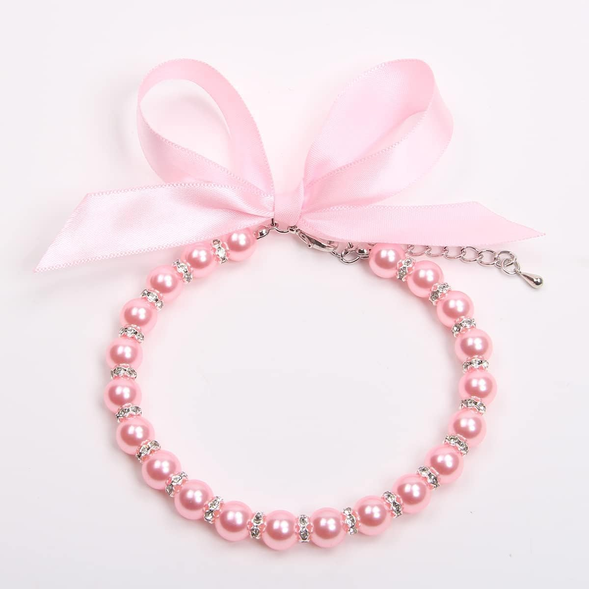 Dog Cat Pearls Collar with Bling Accessories and Ribbon Bow Pet Puppy for Dogs Cats (Pink, M（25-30Cm）) image number 3