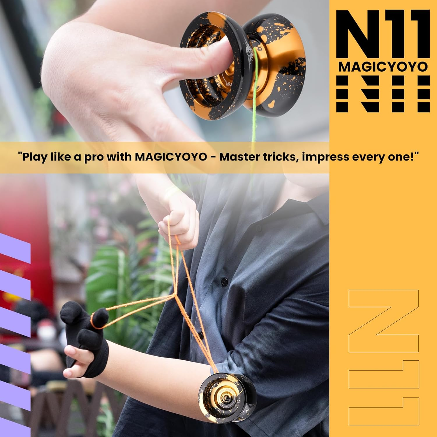 Dual Purpose N11 Black Golden Alloy Yoyo - Responsive for Kids Beginners, Unresponsive for Advanced Play + Glove, Bag, 12 Strings