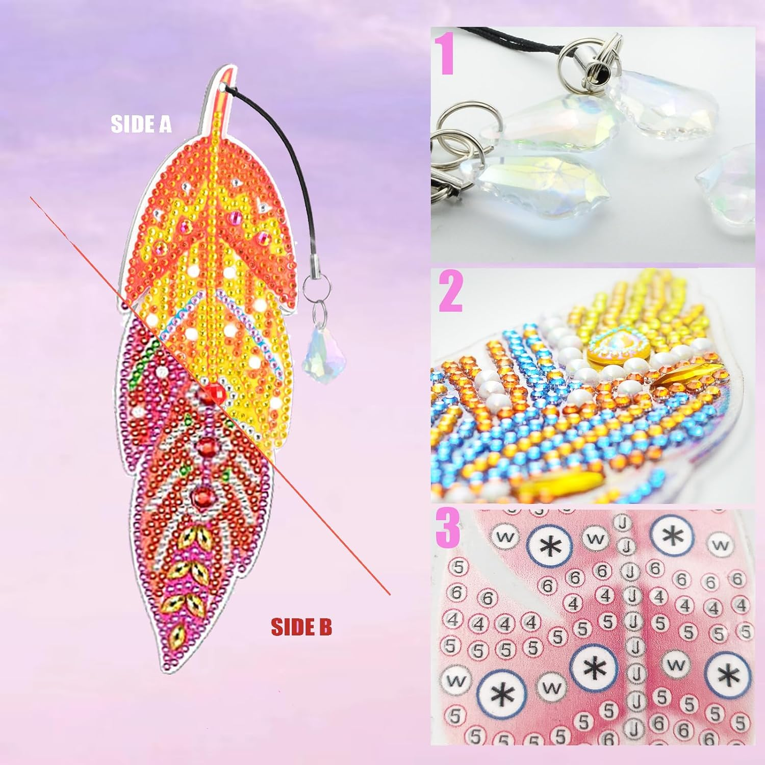 MATHARAGO 6 Pcs Diamond Painting Kits for Kids, Feather Bookmark Diamond Art Kits, DIY Crystal Diamond Art for Kids, Enfants, Girls and Women, Diamond Painting Bookmarks with Crystal Pendant (YQ087) image number 6