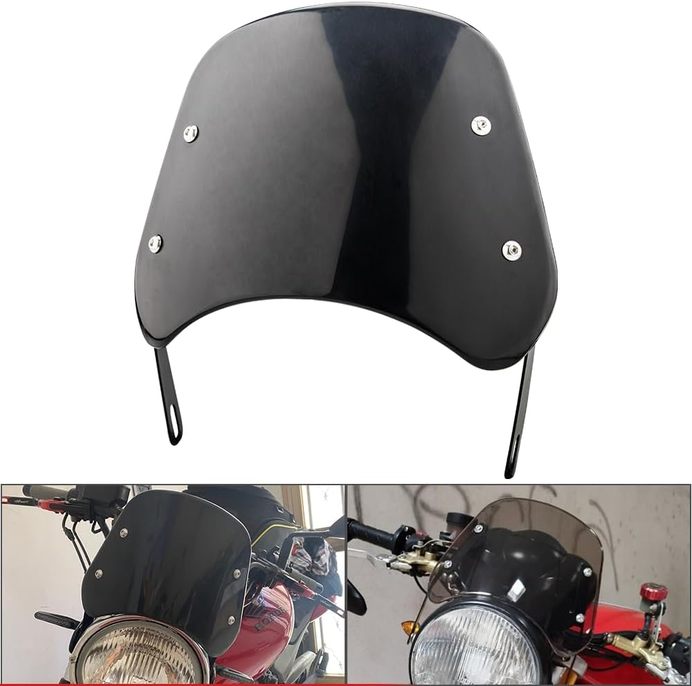 Small Universal Windshield Motorcycle Wind Deflector Windscreen Front Flyscreen with Mount Bracket Fit Motorbike 7" Headlight Compatible with Harley Suzuki Honda Triumph Cruiser Cafe Racer (Black) image number 1