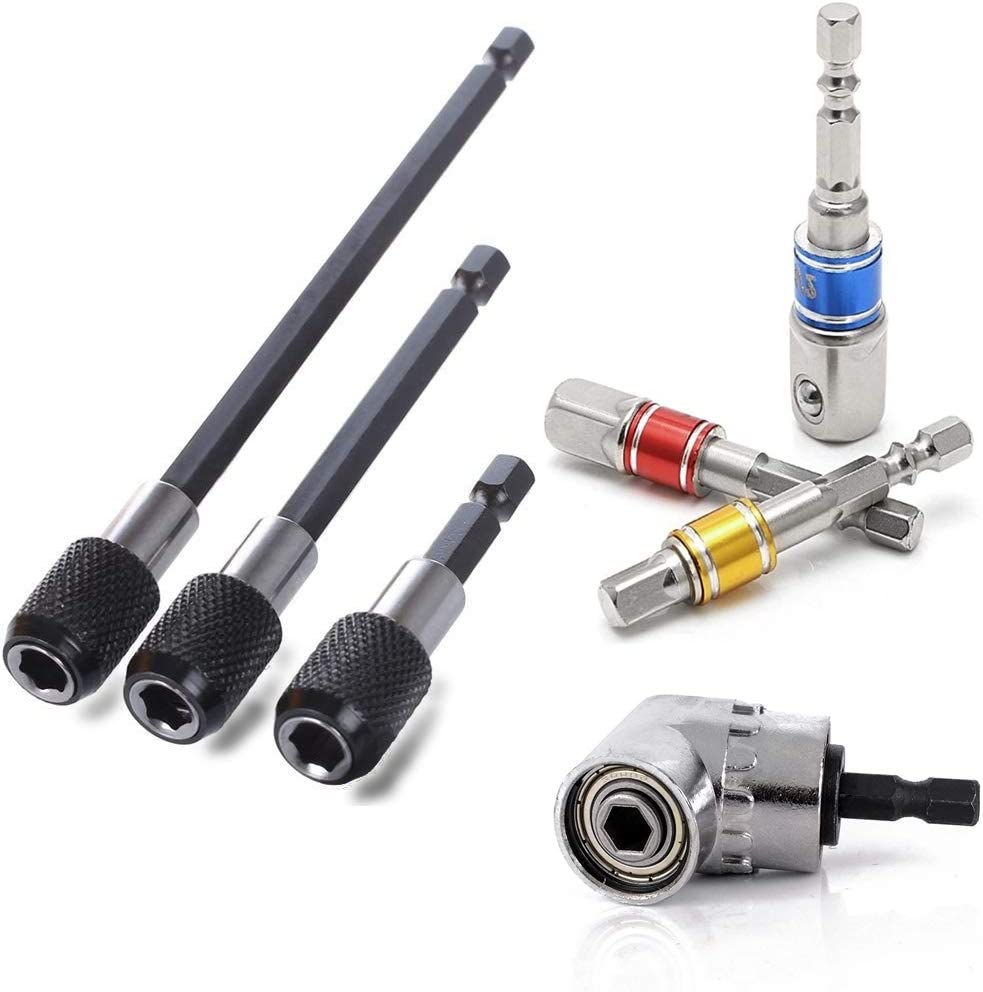 QISF Extension Bar Hex Shank Socket Adapter Drill Bit, 3Pcs Impact Socket Square Nut Driver Bit + 3Pcs 1/4 Hex Shank Screwdriver Bit Holder + 1Pcs 1/4 Hex 105 Degree Right Angle Drill Attachment image number 1