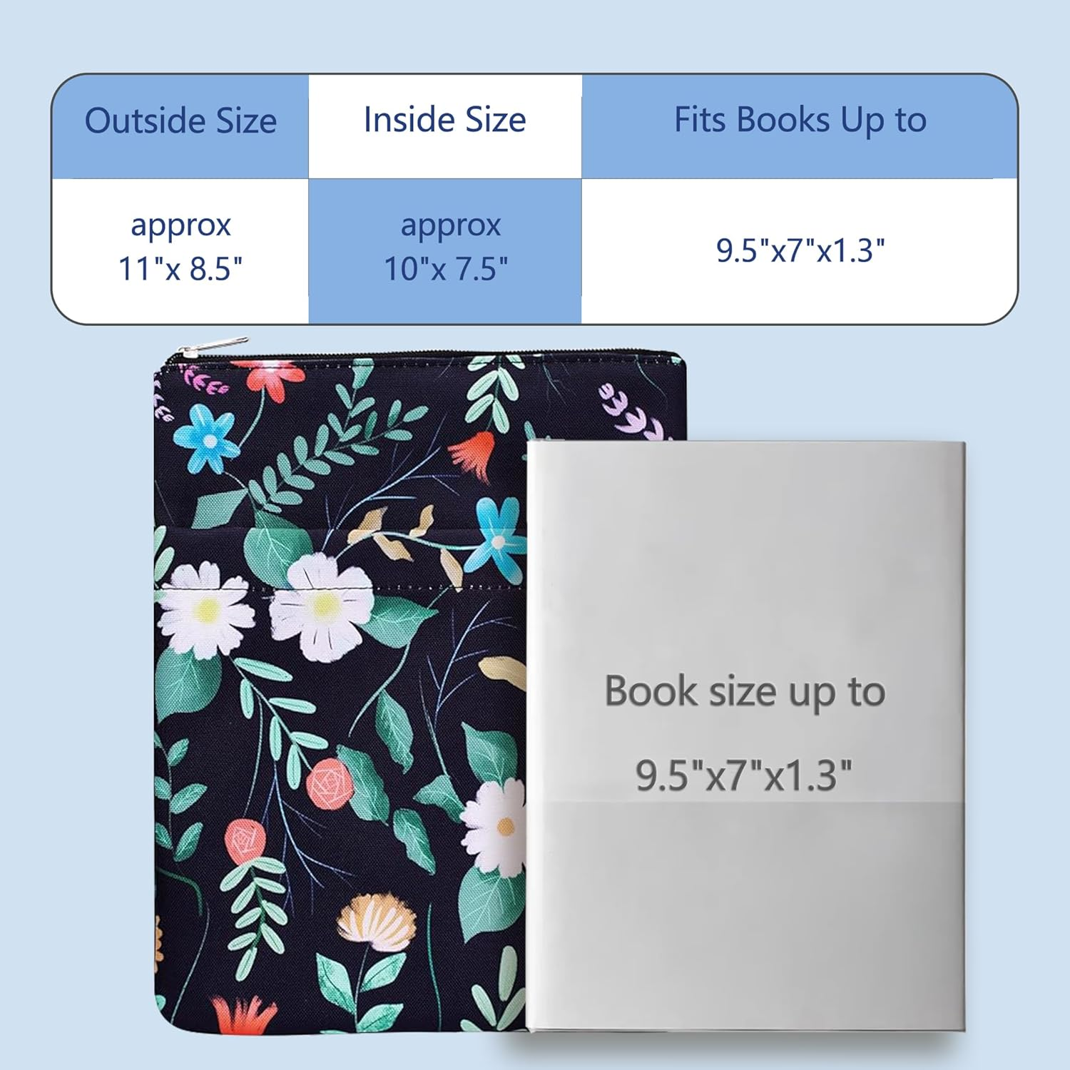 Book Sleeve Black Floral Book Protector, Book Covers for Paperbacks, Washable Fabric, Book Sleeves with Zipper, Medium 11 Inch X 8.7 Inch Book Lover Gifts image number 3