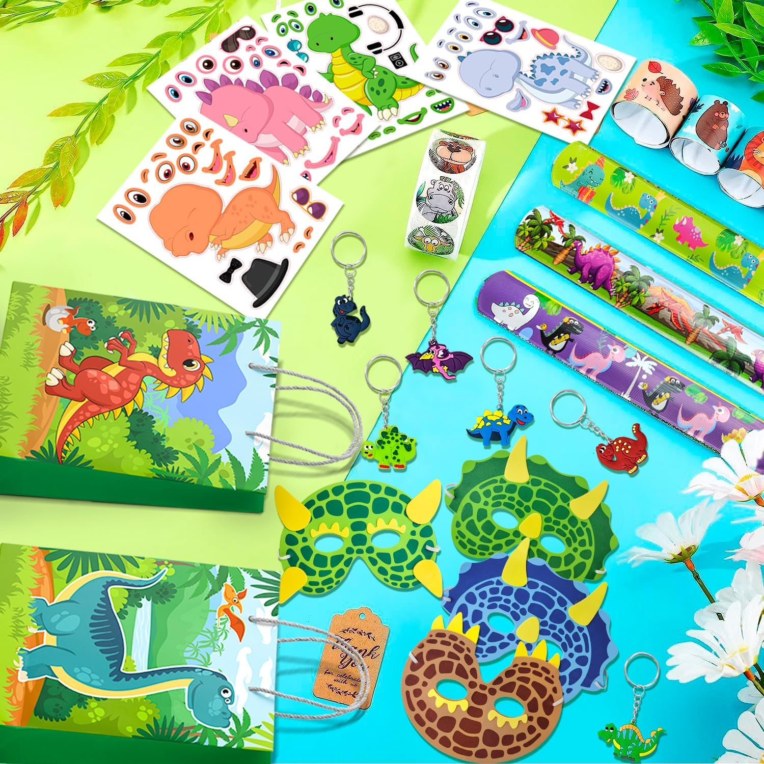 Dinosaur Party Favors for Kids, 96Pcs All-In-One Dinosaur Birthday Party Favors Set - Dino Party Favor Bags Keychains Stampers Stickers Toys Clap Bracelets Etc Dinosaur Birthday Party Supplies image number 3